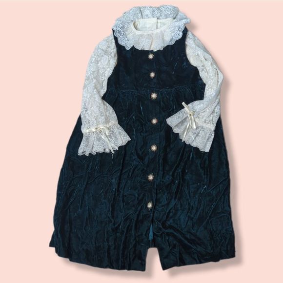 navy blue dress for baby girl 90s Storybook heirlooms velvet and lace jumper dress